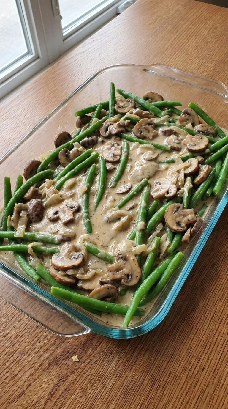 Green Bean Casserole with Fresh Green Beans assembled with blanched beans and creamy mushroom sauce Recipe focus: green bean casserole easy.