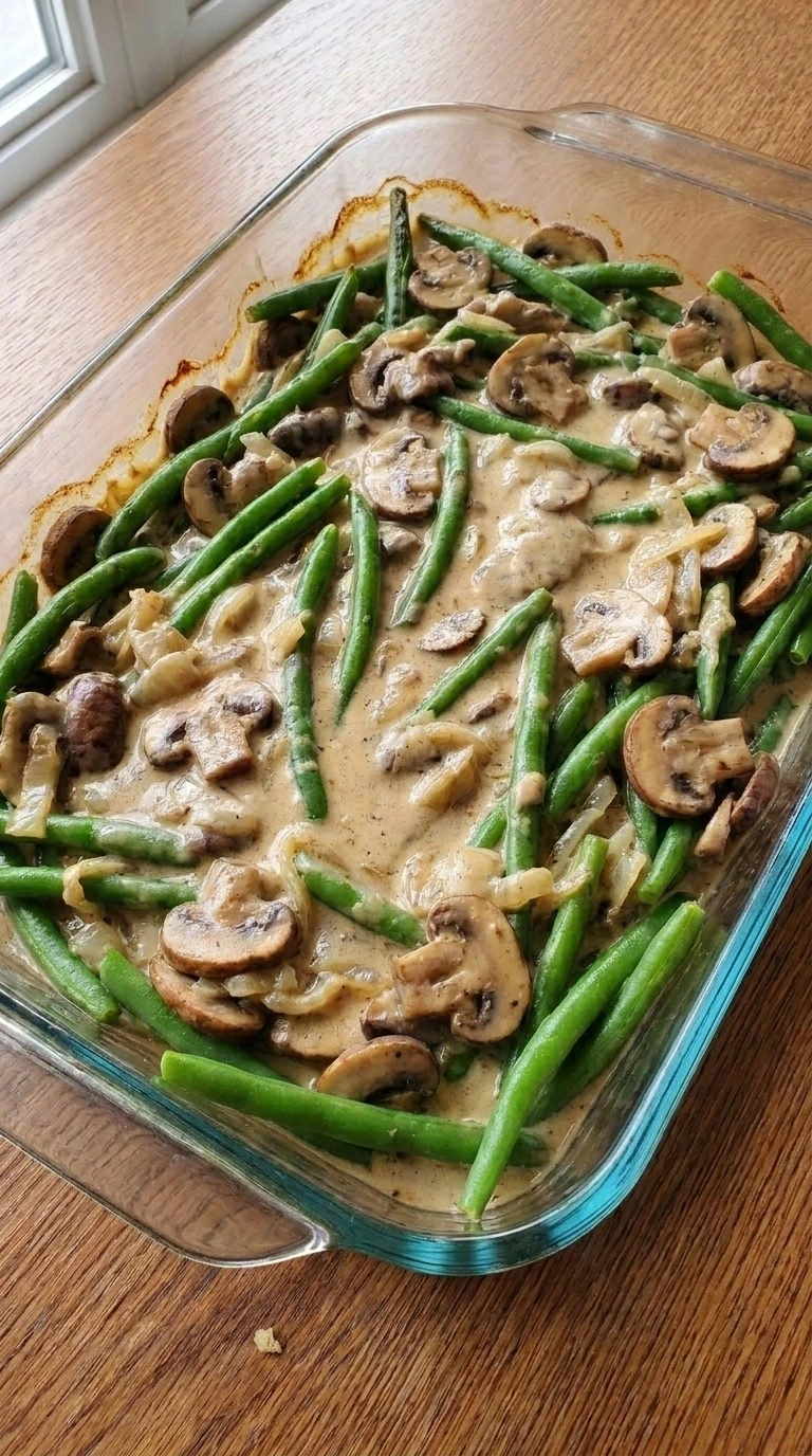 Green Bean Casserole with Fresh Green Beans bubbling after the first bake before the onion topping Recipe focus: fresh green bean casserole.