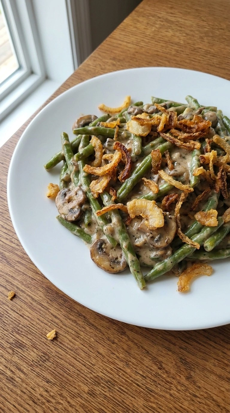 Green Bean Casserole with Fresh Green Beans finished with crisp amber fried onions and creamy mushrooms Recipe focus: green bean casserole with fresh beans.