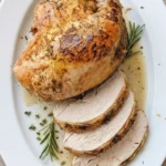 Instant Pot Turkey Breast with golden herb skin and thick juicy turkey slices on a white serving platter Recipe focus: easy instant pot turkey breast.