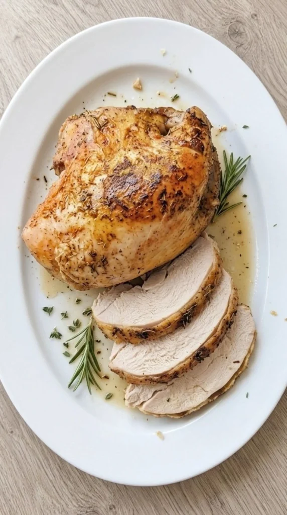 Instant Pot Turkey Breast with golden herb skin and thick juicy turkey slices on a white serving platter Recipe focus: easy instant pot turkey breast.