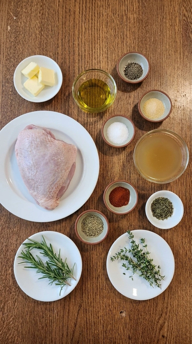 Instant Pot Turkey Breast ingredients including raw boneless turkey, butter, chicken broth and herbs Recipe focus: thanksgiving instant pot turkey breast.