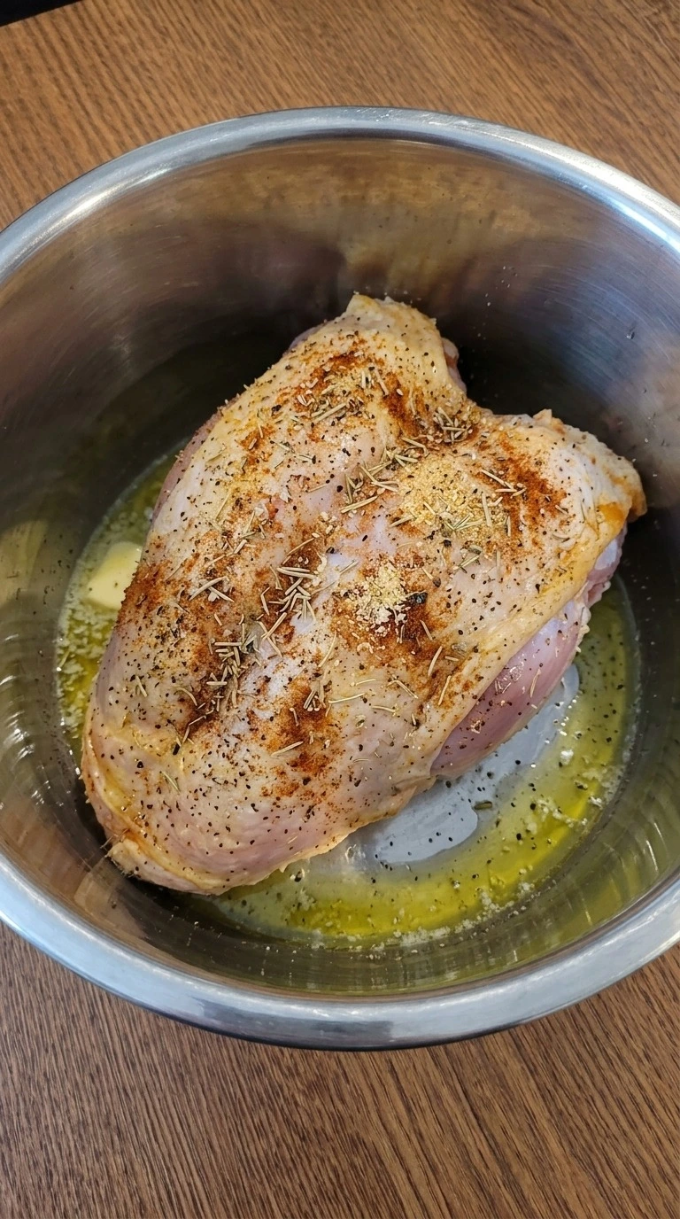 Instant Pot Turkey Breast with seasoned skin turning light golden in the pressure cooker Recipe focus: easy instant pot turkey breast.
