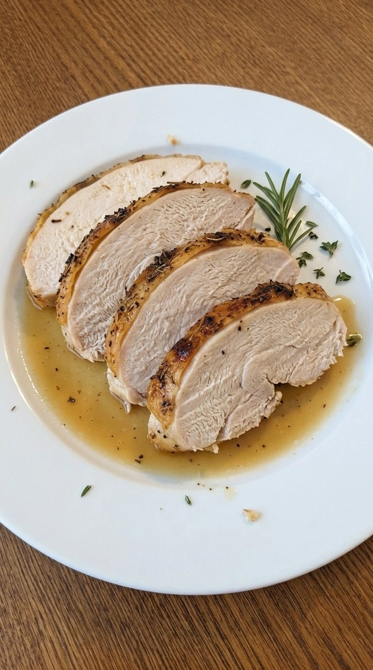 Instant Pot Turkey Breast sliced into four thick pieces with golden skin and fresh herbs on a white plate Recipe focus: easy instant pot turkey breast.