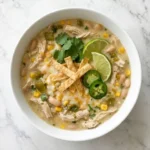 Instant Pot White Chicken Chili in a bowl with creamy sauce and tender chicken pieces Recipe focus: white chicken chili instant pot.