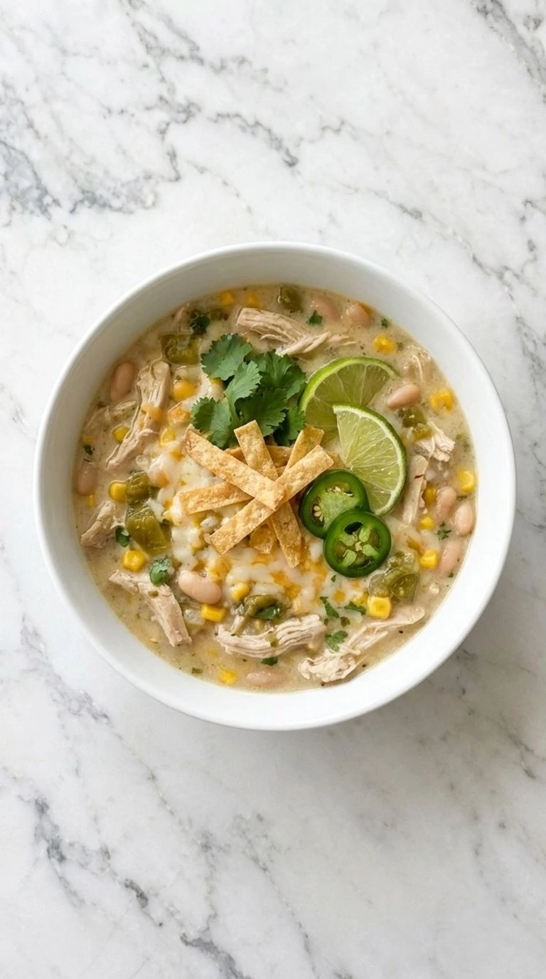 Instant Pot White Chicken Chili in a bowl with creamy sauce and tender chicken pieces Recipe focus: white chicken chili instant pot.