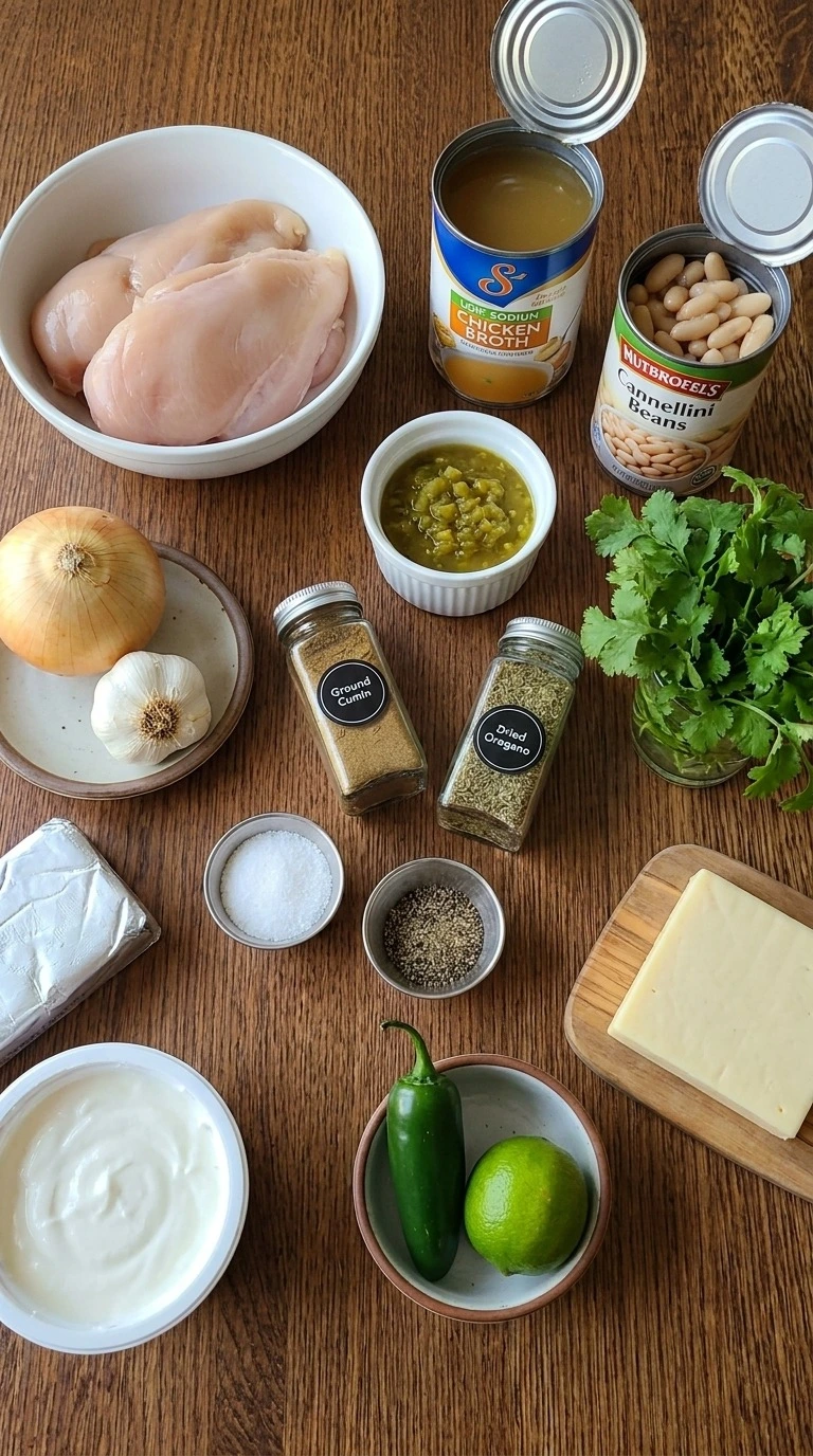 Instant Pot White Chicken Chili ingredients with chicken beans spices and vegetables Recipe focus: easy white chicken chili.