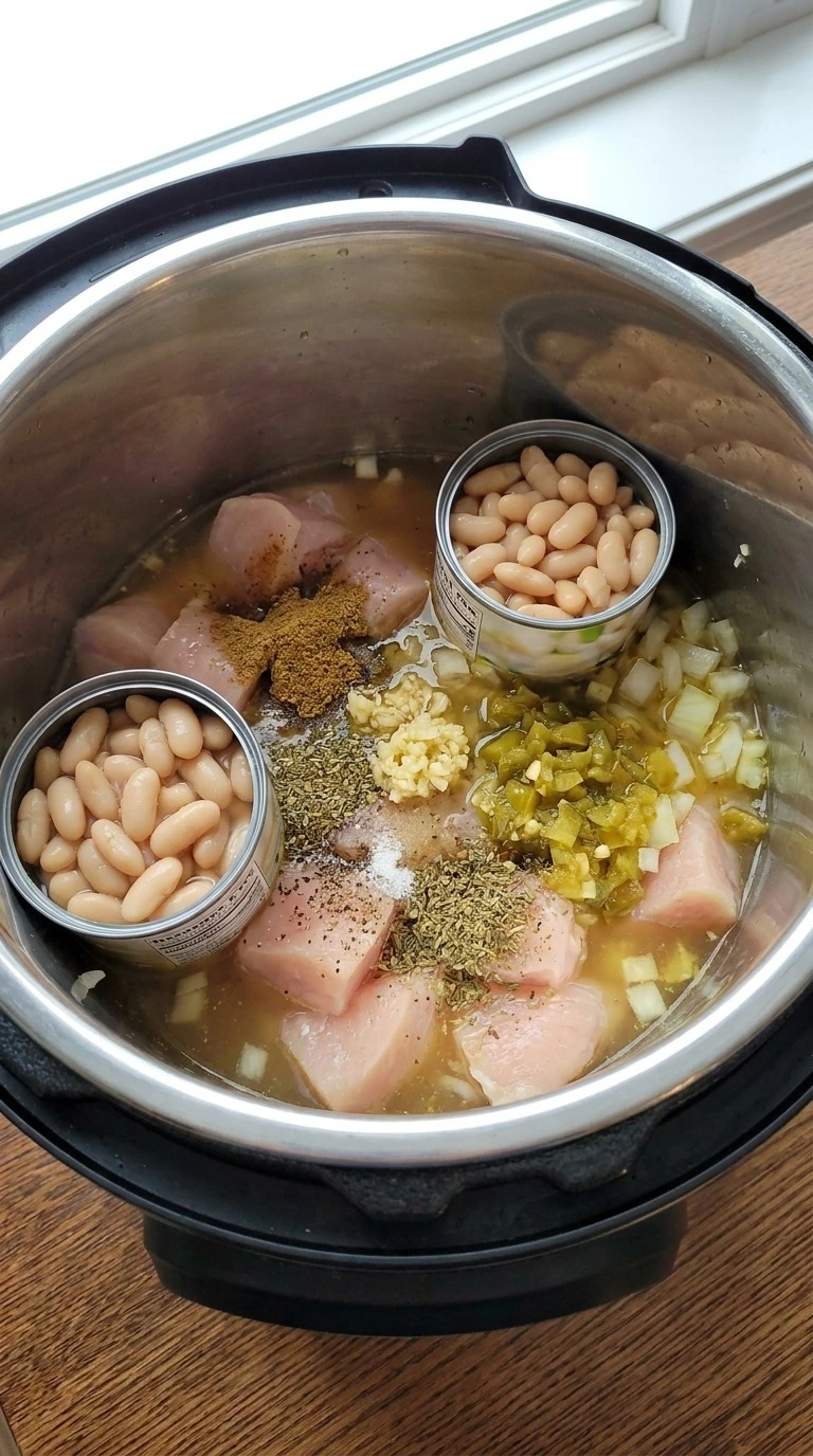 Instant Pot White Chicken Chili step 1 with raw chicken and beans combined Recipe focus: creamy white chicken chili.
