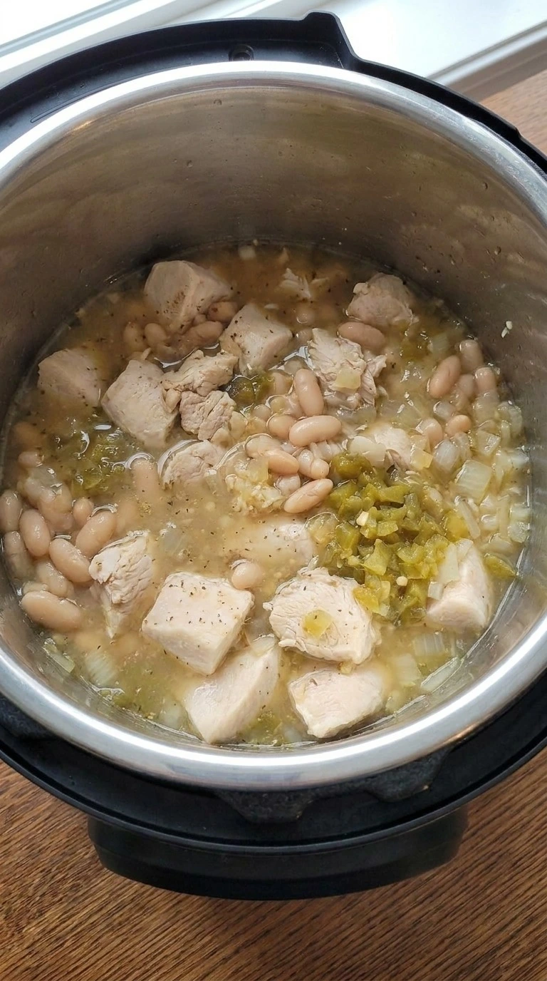 Instant Pot White Chicken Chili step 2 showing tender chicken and softened beans Recipe focus: white chicken chili instant pot.