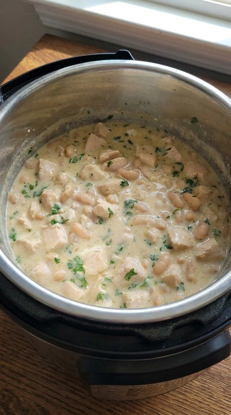 Instant Pot White Chicken Chili step 3 with creamy texture and herbs mixed in Recipe focus: crockpot white chicken chili.