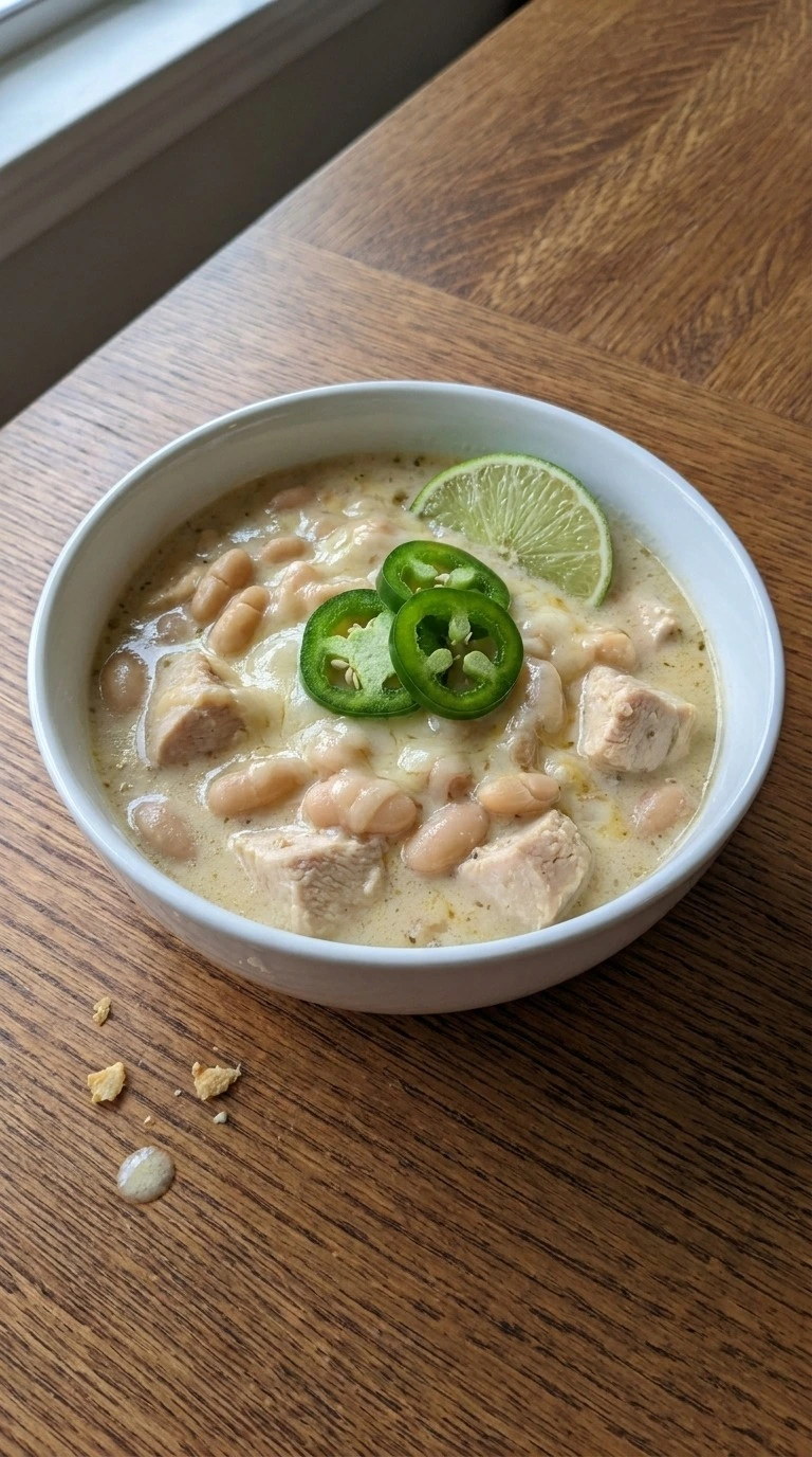 Instant Pot White Chicken Chili served portion with cheese lime and toppings Recipe focus: crockpot white chicken chili.