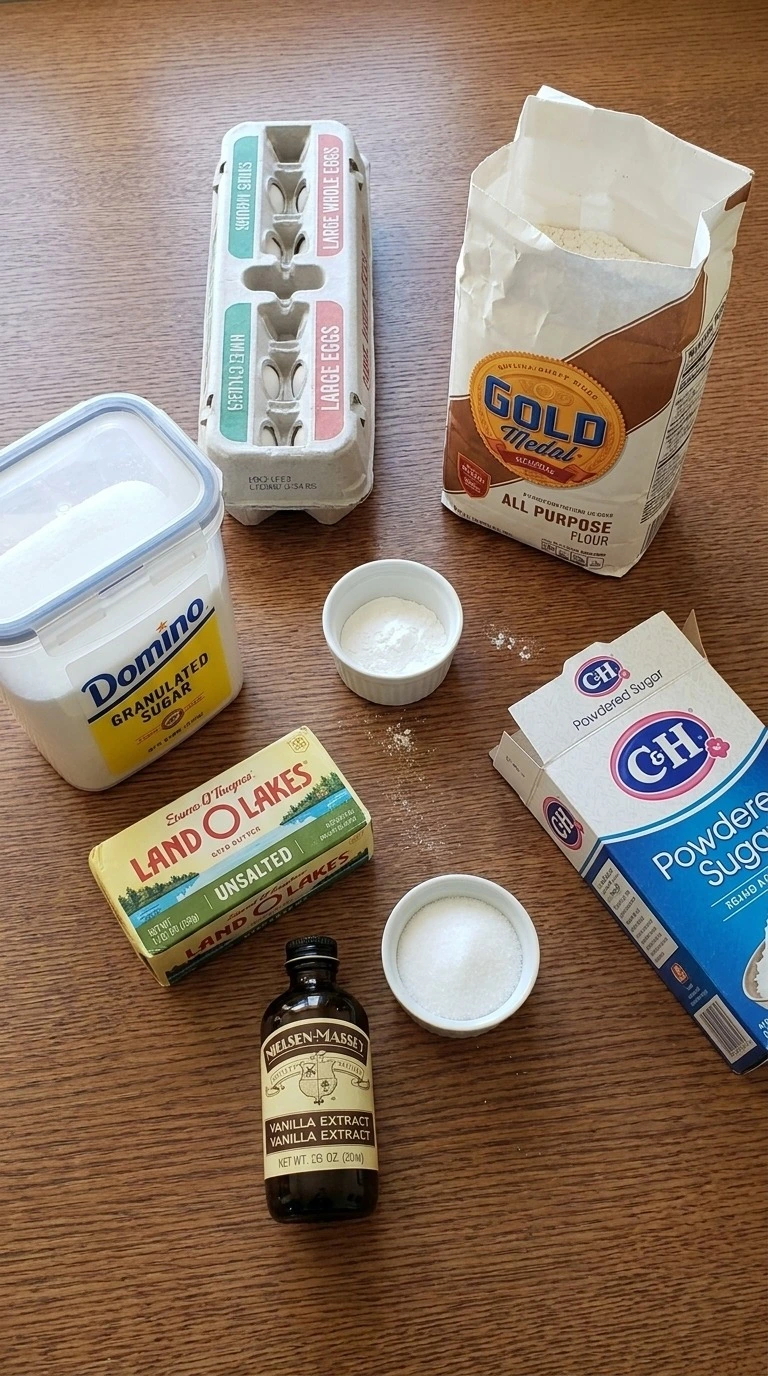Italian Christmas Cookies ingredients including flour butter eggs and sugar Recipe focus: christmas cookies sugar cookie.