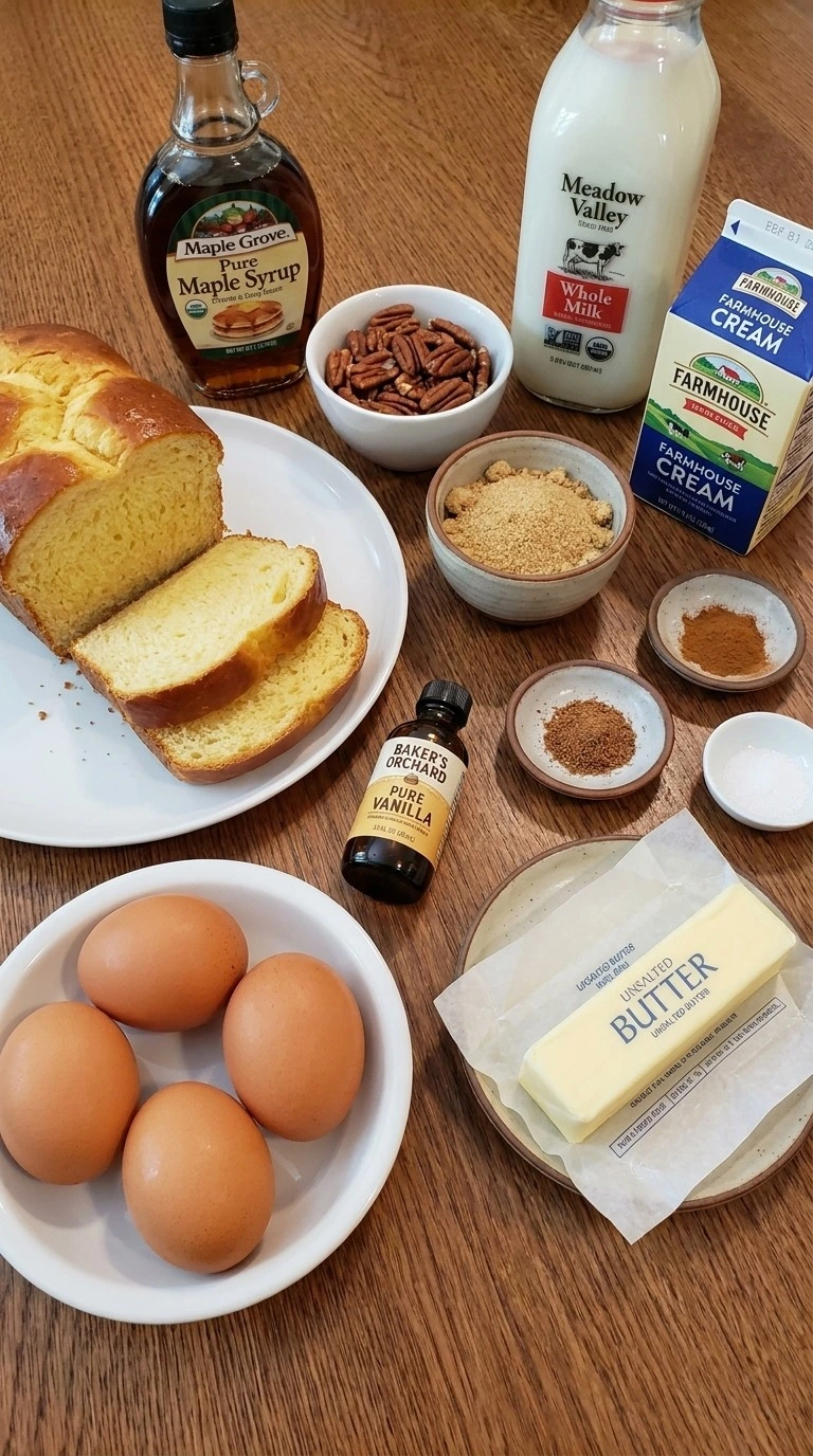 Maple Pecan Bread Pudding ingredients including brioche, eggs, pecans, maple syrup, milk and cream Recipe focus: thanksgiving maple pecan bread pudding.