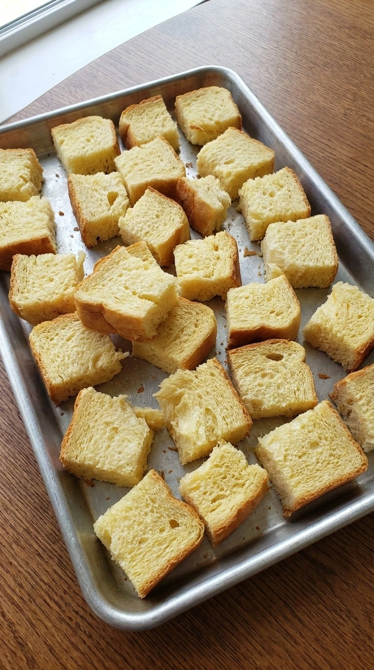 Maple Pecan Bread Pudding preparation with lightly toasted brioche cubes on a baking tray Recipe focus: easy maple pecan bread pudding.
