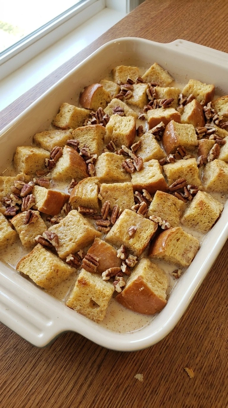 Maple Pecan Bread Pudding before baking with custard-soaked brioche and scattered toasted pecans Recipe focus: thanksgiving maple pecan bread pudding.