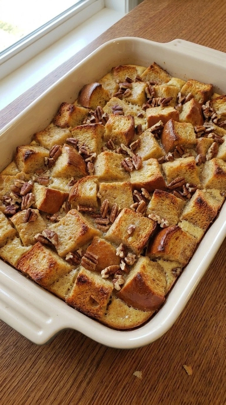 Maple Pecan Bread Pudding baked golden brown with crisp brioche peaks and toasted pecans Recipe focus: easy maple pecan bread pudding.
