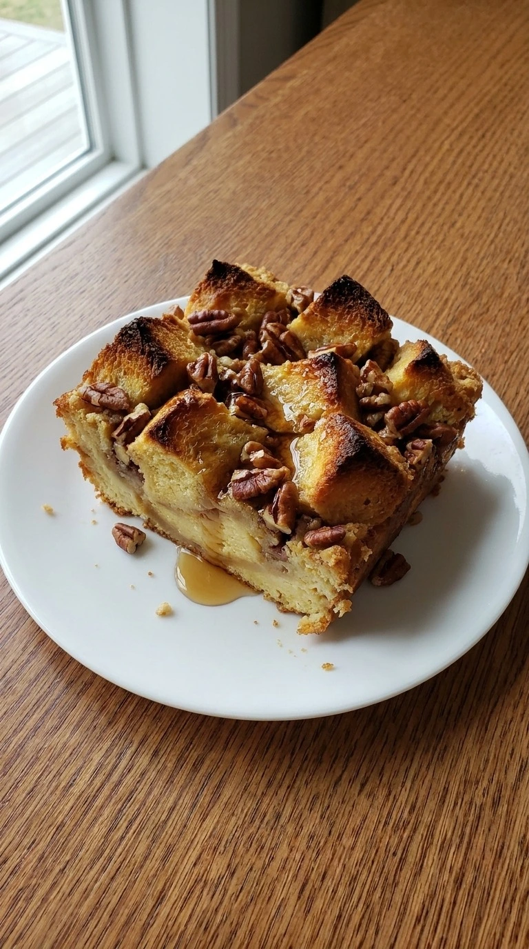 Maple Pecan Bread Pudding portion showing soft custard, toasted pecans and an amber maple drizzle Recipe focus: easy maple pecan bread pudding.