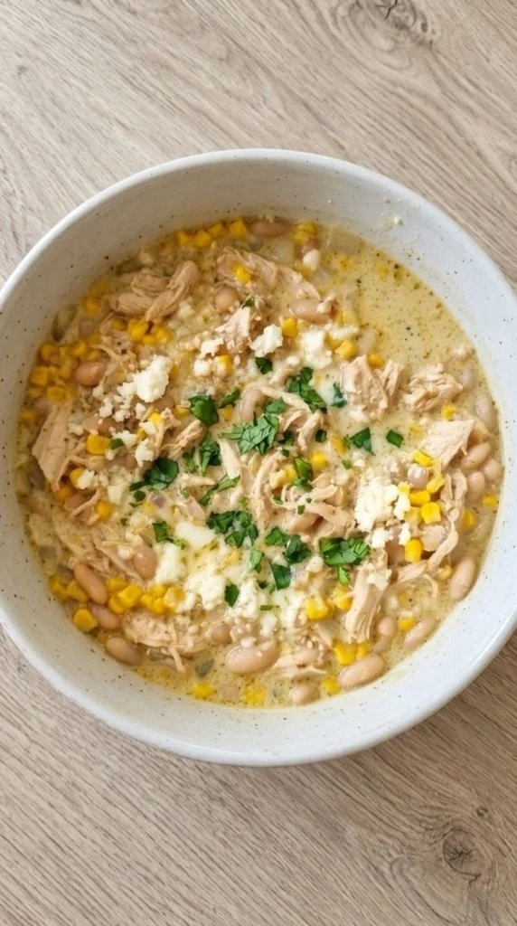 Mexican Street Corn White Chicken Chili in a bowl with creamy chicken, corn and toppings Recipe focus: crockpot white chicken chili.