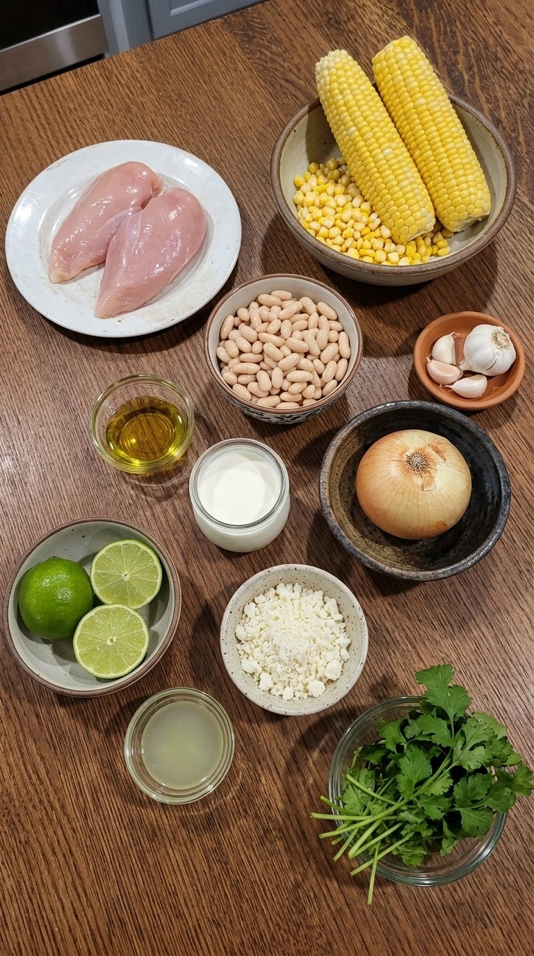 Mexican Street Corn White Chicken Chili ingredients with chicken corn lime and spices Recipe focus: white chicken chili easy.