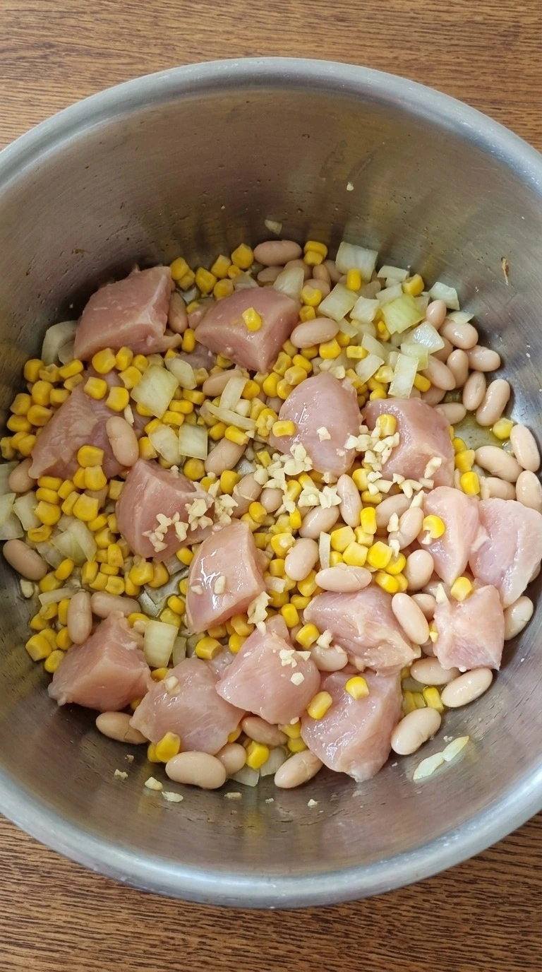 Mexican Street Corn White Chicken Chili base with chicken corn beans and onion Recipe focus: creamy white chicken chili.
