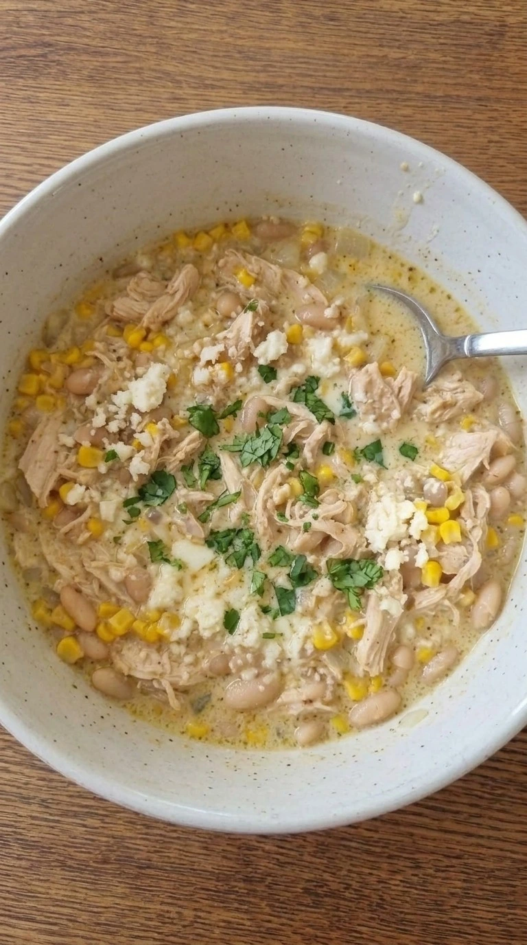 Mexican Street Corn White Chicken Chili served bowl with chicken corn and garnish Recipe focus: easy white chicken chili.