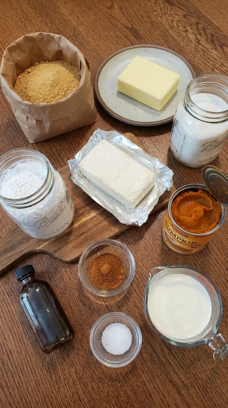 No Bake Pumpkin Cheesecake ingredients with cream cheese pumpkin and cookie crust items Recipe focus: pumpkin pie cheesecake.