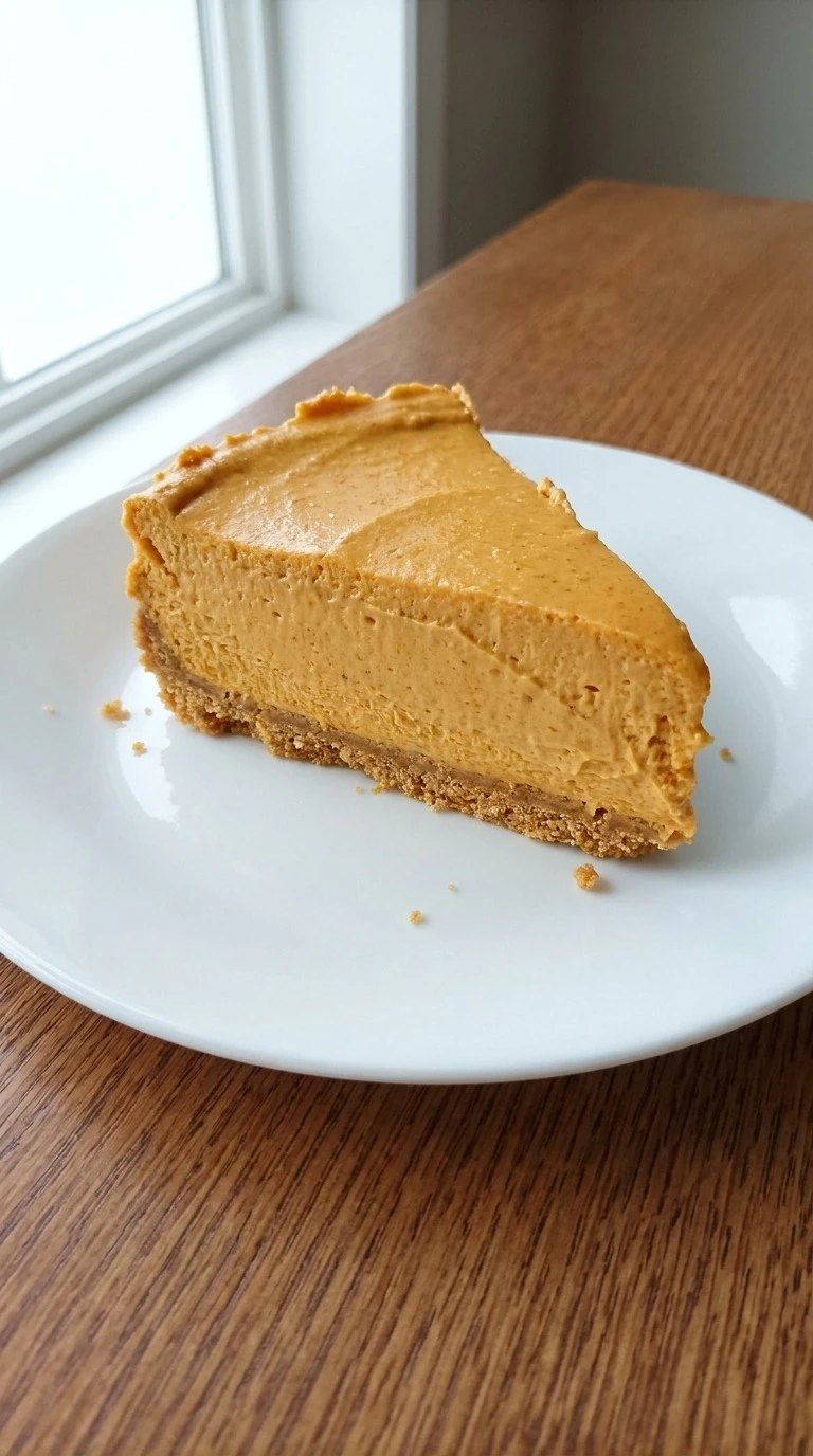No Bake Pumpkin Cheesecake slice showing creamy filling and crust layers Recipe focus: pumpkin pie cheesecake.