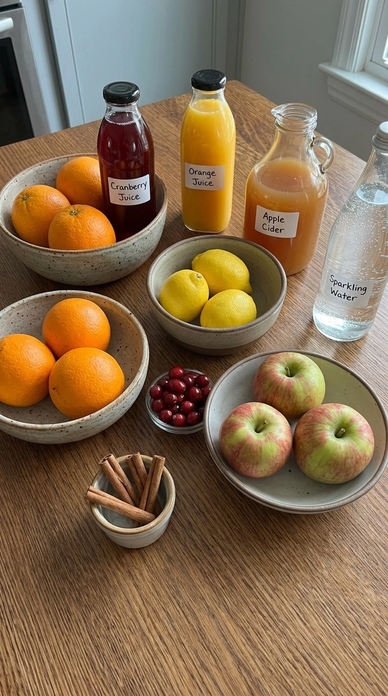 Non Alcoholic Christmas Punch ingredients with citrus fruit berries and juice bottles Recipe focus: christmas punch non alcoholic.