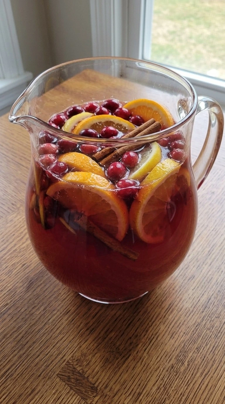 Non Alcoholic Christmas Punch base with fruit floating in pitcher Recipe focus: christmas punch non alcoholic.