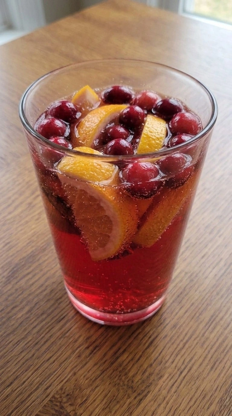 Non Alcoholic Christmas Punch served glass with fruit and bubbles Recipe focus: easy christmas punch non alcoholic.