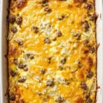 Overnight Breakfast Casserole with golden eggs hashbrowns and sausage layers Recipe focus: breakfast casserole with hashbrowns.