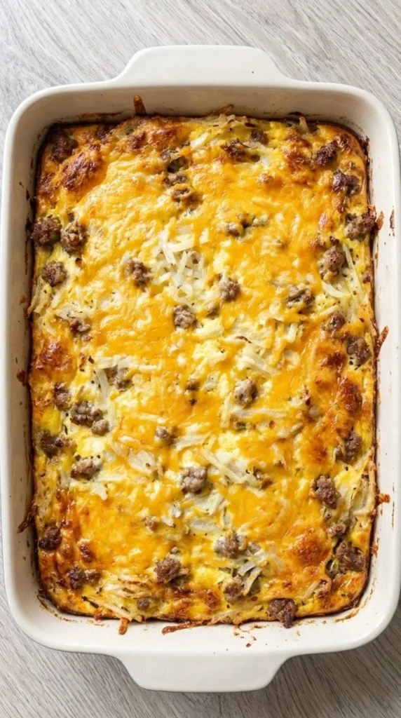 Overnight Breakfast Casserole with golden eggs hashbrowns and sausage layers Recipe focus: breakfast casserole with hashbrowns.