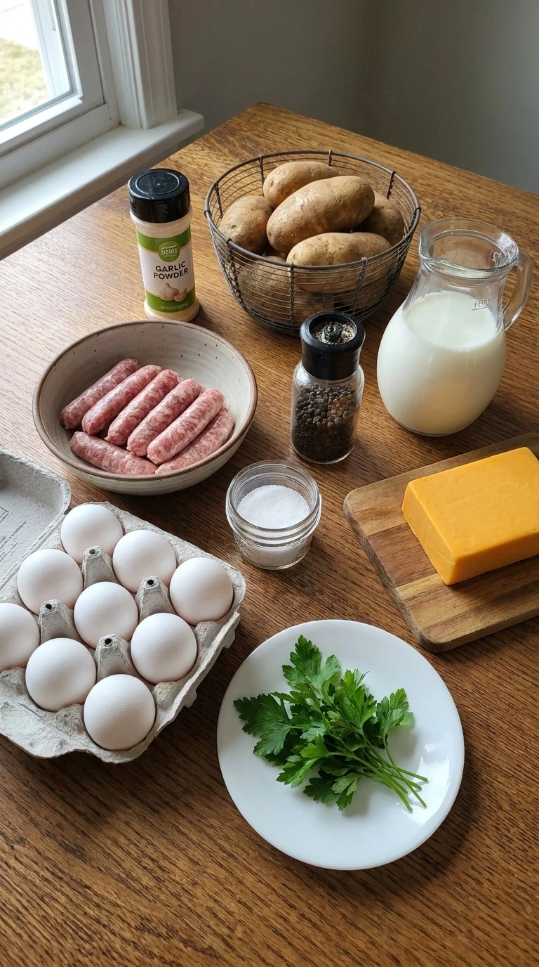 Overnight Breakfast Casserole ingredients with eggs hashbrowns sausage and cheese Recipe focus: tater tot breakfast casserole.