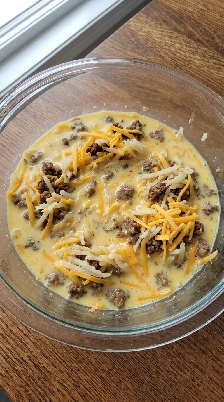 Overnight Breakfast Casserole mixing eggs sausage hashbrowns and cheddar Recipe focus: breakfast casserole with hashbrowns.