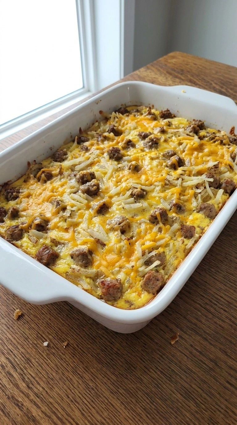 Overnight Breakfast Casserole layered in baking dish before baking Recipe focus: breakfast casserole with hashbrowns.
