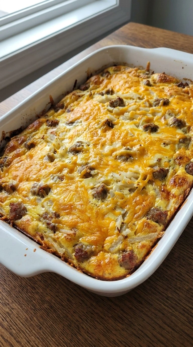 Overnight Breakfast Casserole golden baked breakfast casserole with cheddar Recipe focus: easy breakfast casserole.