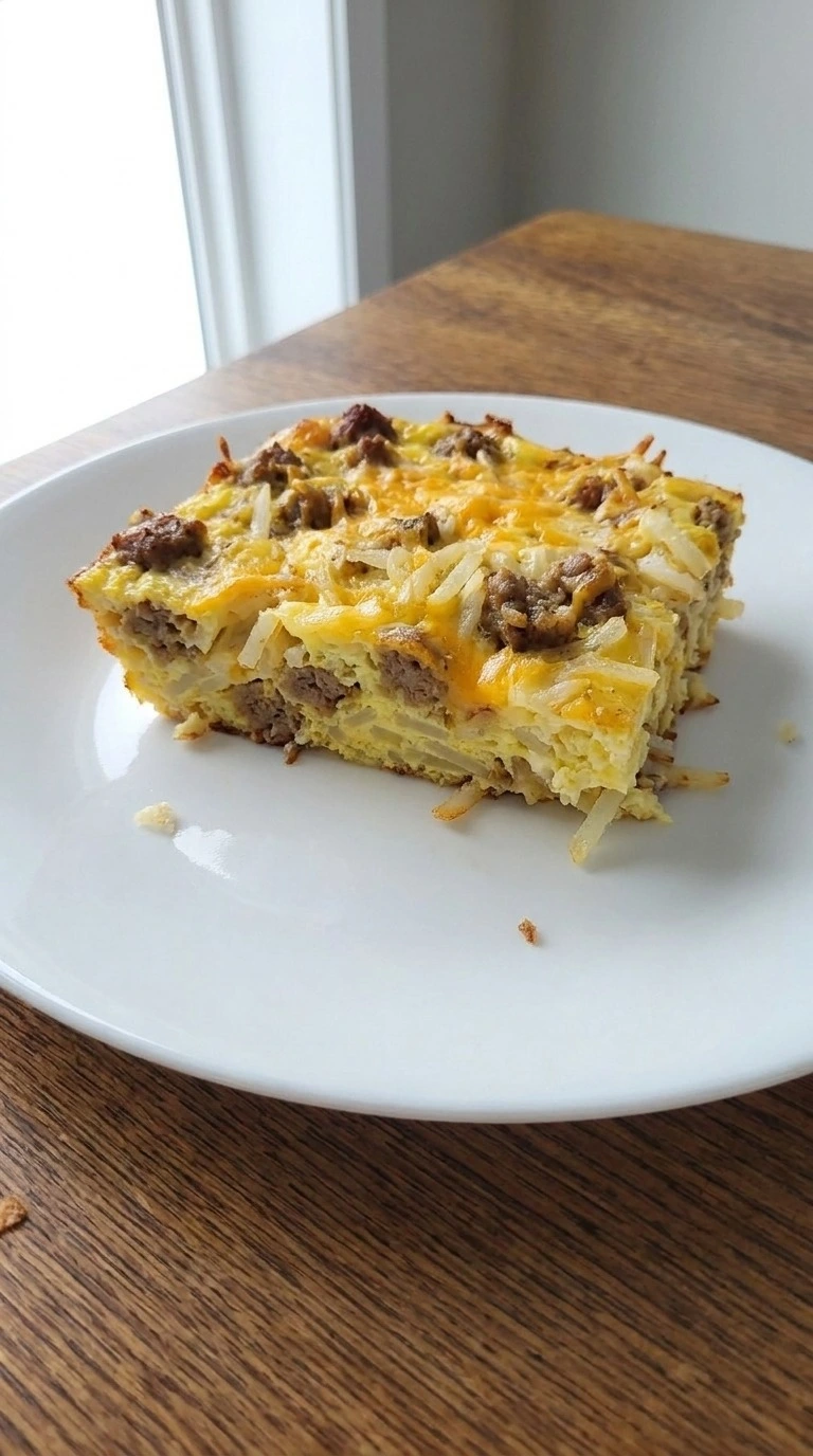 Overnight Breakfast Casserole plated portion showing layered breakfast casserole Recipe focus: tater tot breakfast casserole.