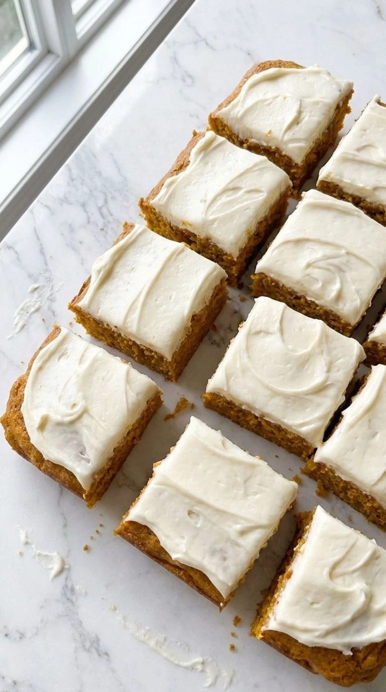Pumpkin Bars with Cream Cheese Frosting cut into homemade squares with creamy topping Recipe focus: pumpkin bars recipe.