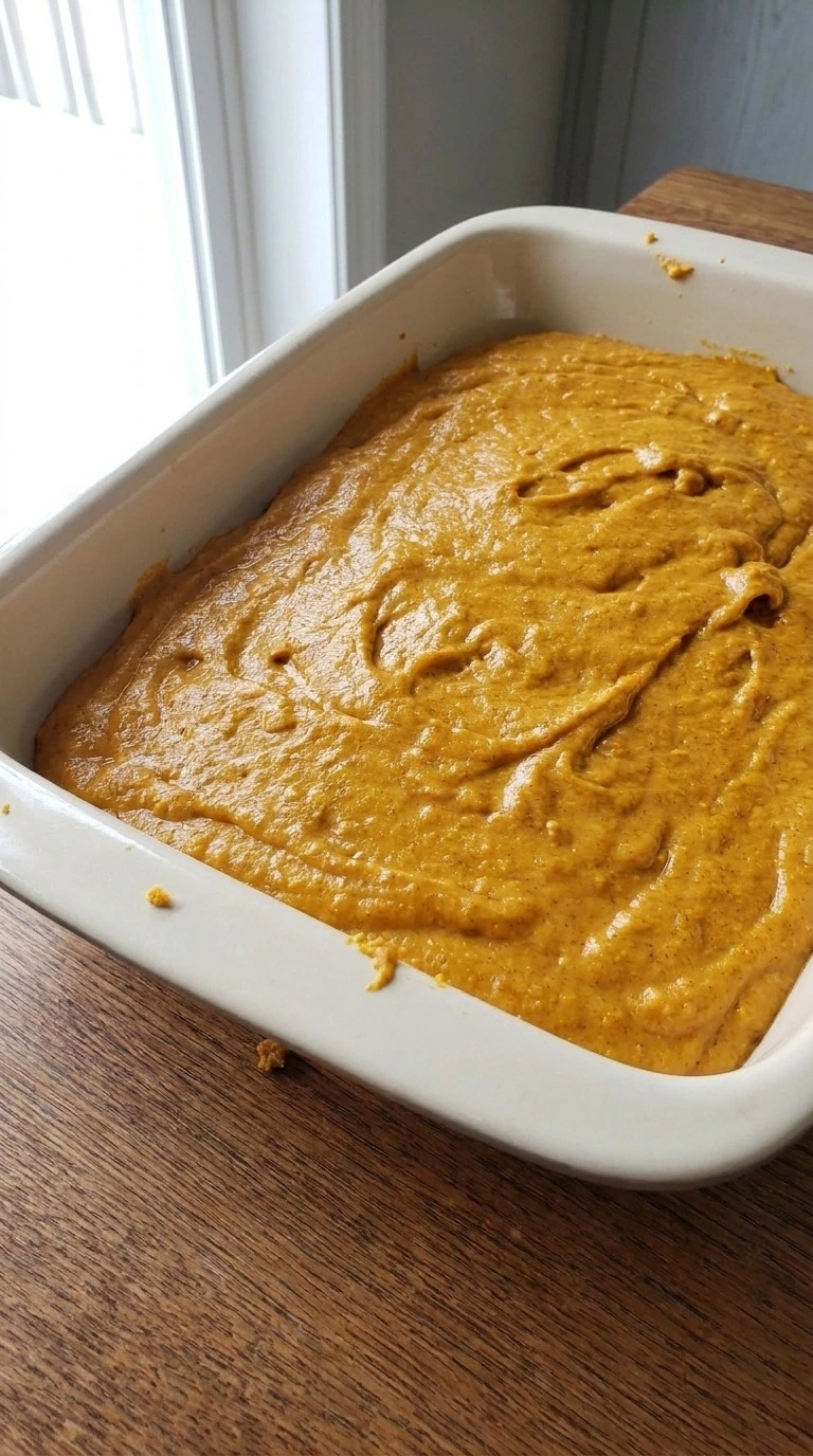 Pumpkin Bars with Cream Cheese Frosting batter spread in ceramic baking dish Recipe focus: pumpkin bars recipe.