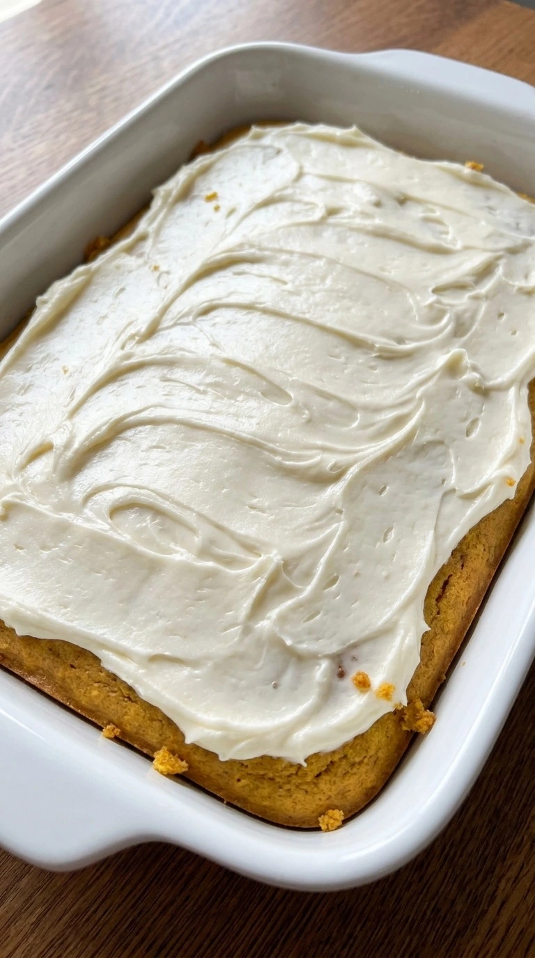 Pumpkin Bars with Cream Cheese Frosting topped with thick white frosting Recipe focus: pumpkin bars recipe.