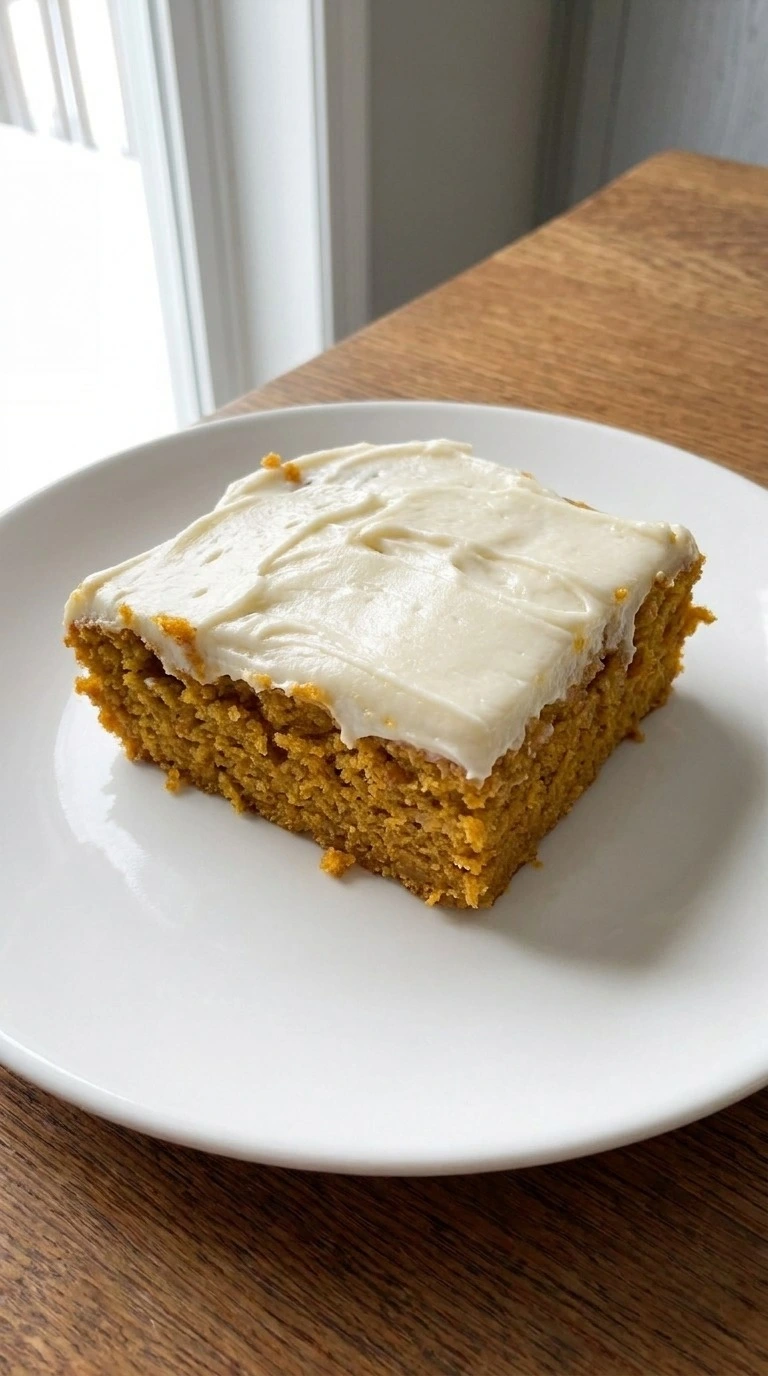 Pumpkin Bars with Cream Cheese Frosting single square showing soft layers Recipe focus: pumpkin bars recipe.