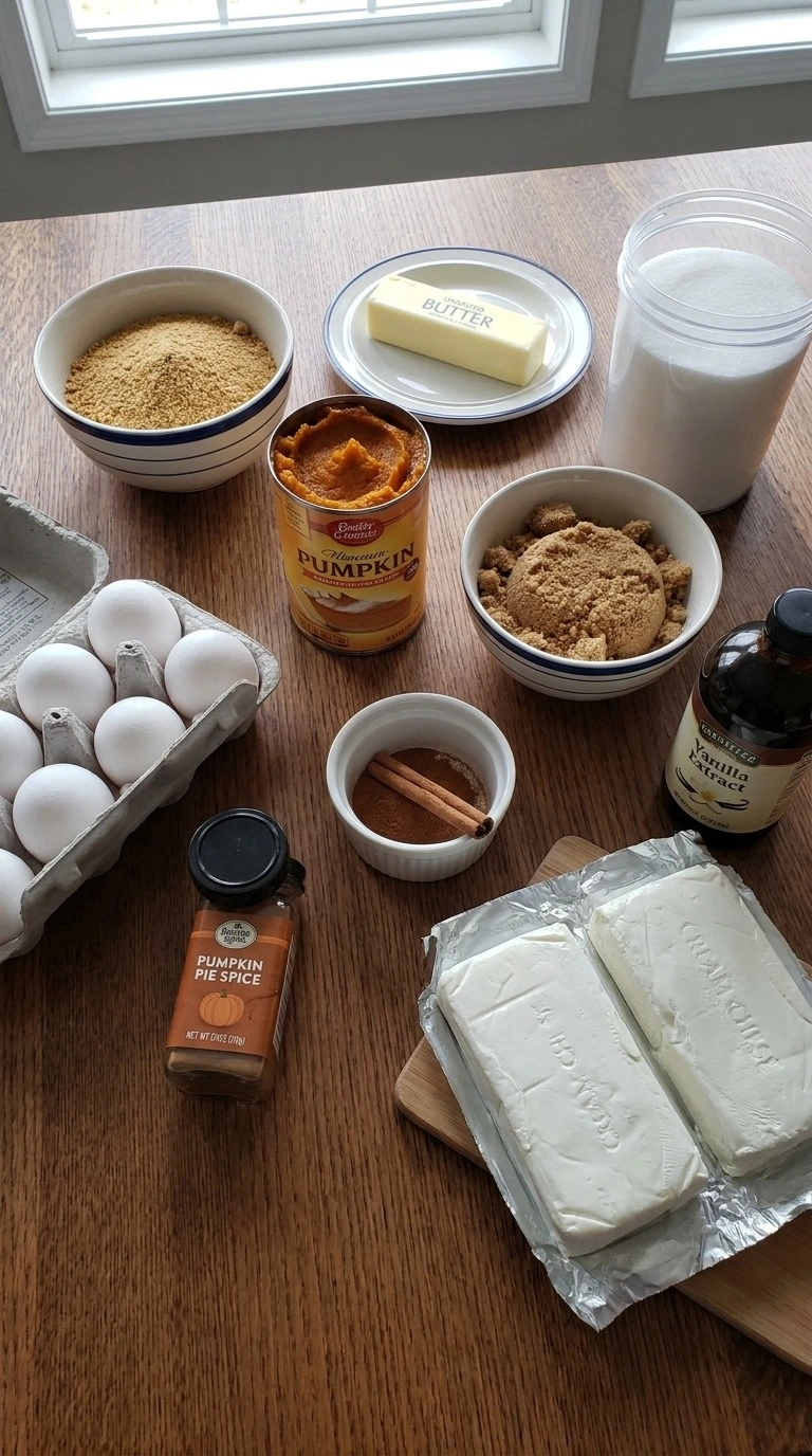 Pumpkin Cheesecake Bars ingredients with pumpkin puree spices and cream cheese Recipe focus: pumpkin pie bars recipe.