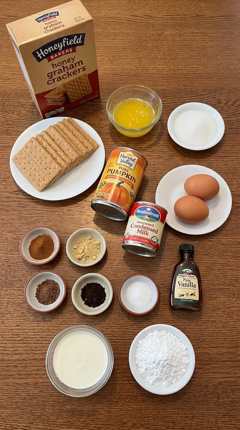 Ingredients for Pumpkin Pie with Graham Cracker Crust including pumpkin puree, graham Recipe focus: Recipe focus: easy pumpkin pie with graham cracker crust.