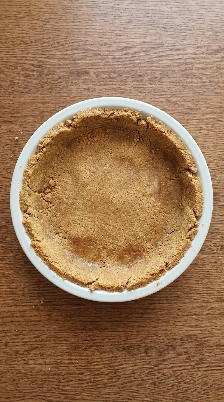 Pumpkin Pie with Graham Cracker Crust preparation showing buttery crumbs pressed into a round pie Recipe focus: pumpkin pie with graham cracker crust recipe.
