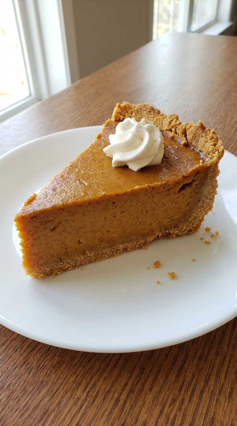 Pumpkin Pie with Graham Cracker Crust served as one chilled slice with whipped cream and a golden Recipe focus: pumpkin pie with graham cracker crust recipe.