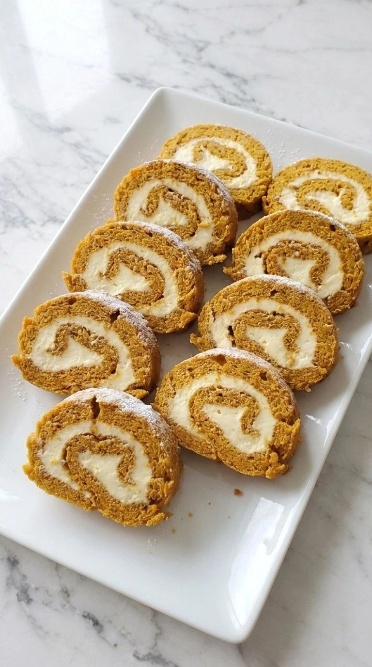 Pumpkin Roll with Cream Cheese Filling sliced to reveal soft pumpkin cake and a thick cream cheese spiral. Recipe focus: pumpkin roll recipe.