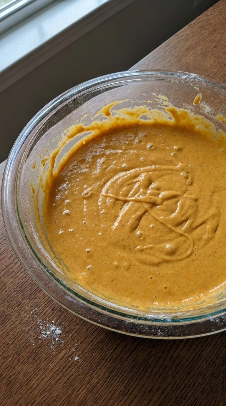 Pumpkin Roll with Cream Cheese Filling batter mixed until thick, orange and airy with visible ribbon trails. Recipe focus: pumpkin roll recipe easy.