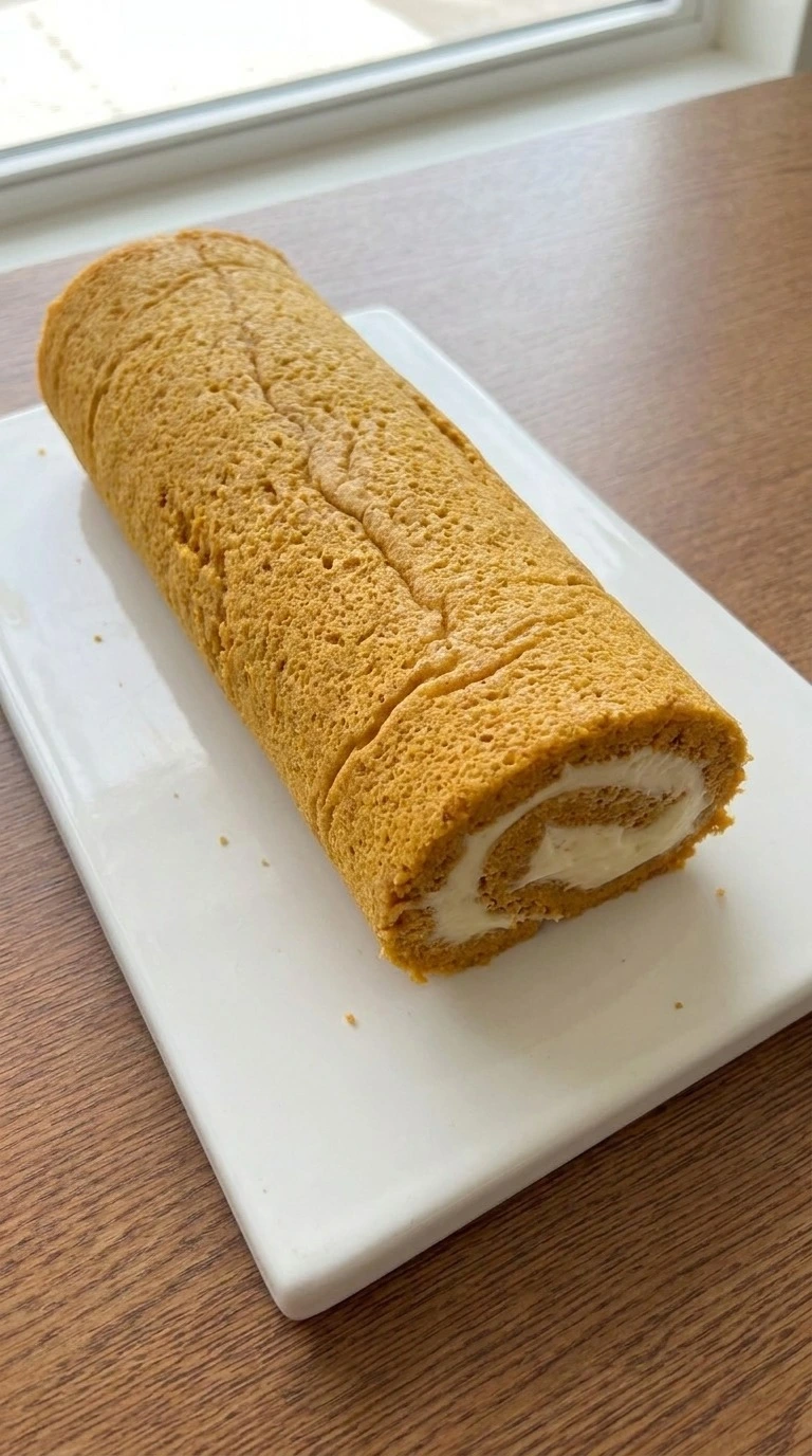 Pumpkin Roll with Cream Cheese Filling spread with a thick cream cheese layer and rerolled into a spiral. Recipe focus: pumpkin roll recipe.