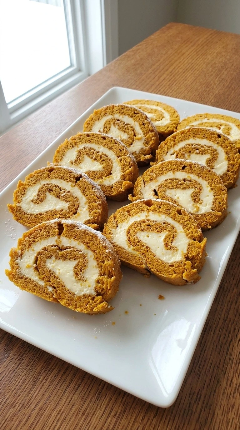Pumpkin Roll with Cream Cheese Filling sliced after chilling with visible orange cake and thick ivory spirals. Recipe focus: libby pumpkin roll recipe.