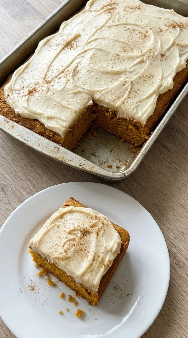 Pumpkin Spice Cake with cream cheese frosting and a square slice showing the moist orange crumb. Recipe focus: easy pumpkin spice cake.